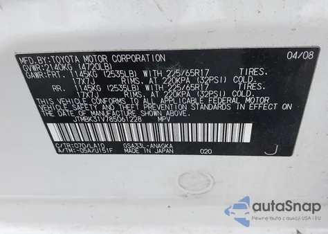 2008 Toyota Rav4 Limited V6 из США, поврежденный, VIN JTMBK31V785061228